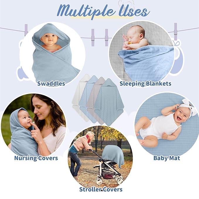 Preboun 4 Pcs Muslin Hooded Baby Towels,32"x 32" Cotton Newborn Bath Towel Muslin Infant Baby Blankets Absorbent Unisex Newborn Registry Gift for Girls Boys(Blue Series)