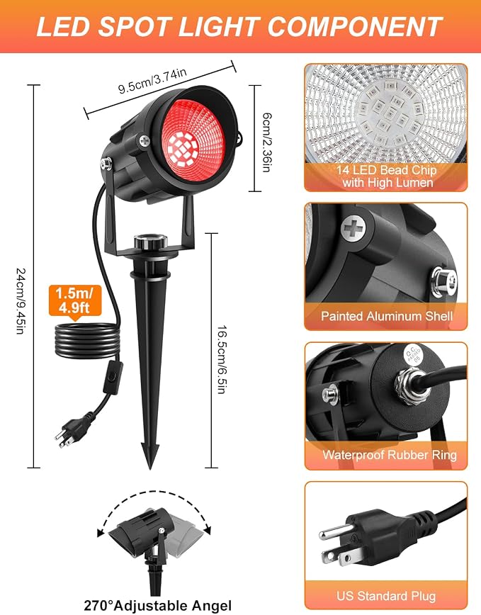 Red Landscape Lights Outdoor, 14 LED Landscape Lighting with US Plug, IP65 Waterproof Spotlights for Tree Yard Garden Pathway Halloween Christmas Decor 2 Pack