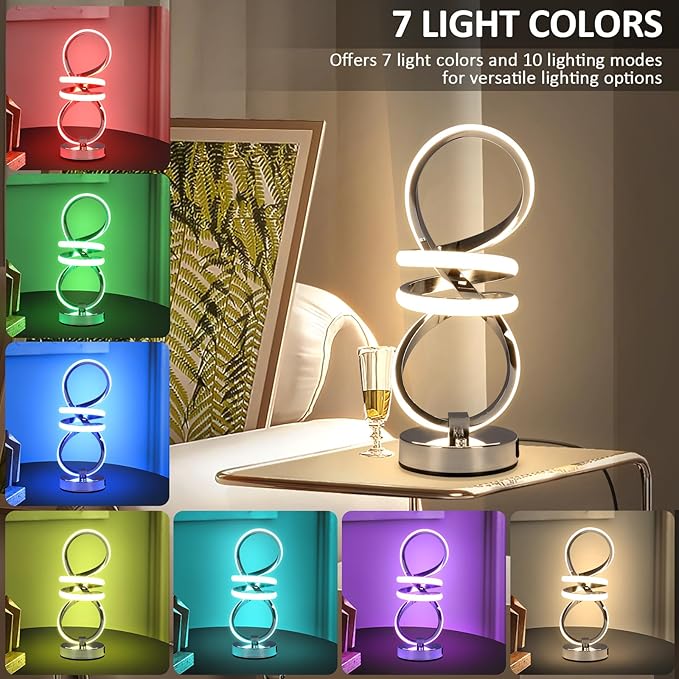 RGB Spiral Table Lamp, Modern LED Table Lamp, Chrome Cool Bedside Lamps, 7 Colors & 10 Light Modes Touch Dimmable LED Nightstand Lamp with USB/Type C for Bedroom, Living Room,Silver