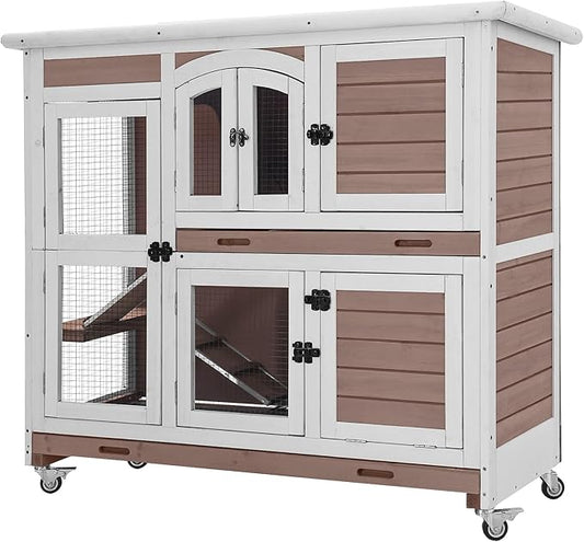 Aivituvin Bunny Cage Rabbit Hutch Indoor Rabbit House with Wheels Outdoor Guinea Pig House with Two Plastic Tray (Brown)