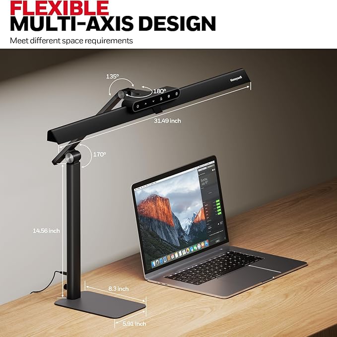 Honeywell HJ1BK Eye-Caring 1200LM LED Architect Desk Lamp for Home Office | CRI≥97, Flicker-Free，4 Color Temps,Task Desk Light with Base for Computer,Study,Black
