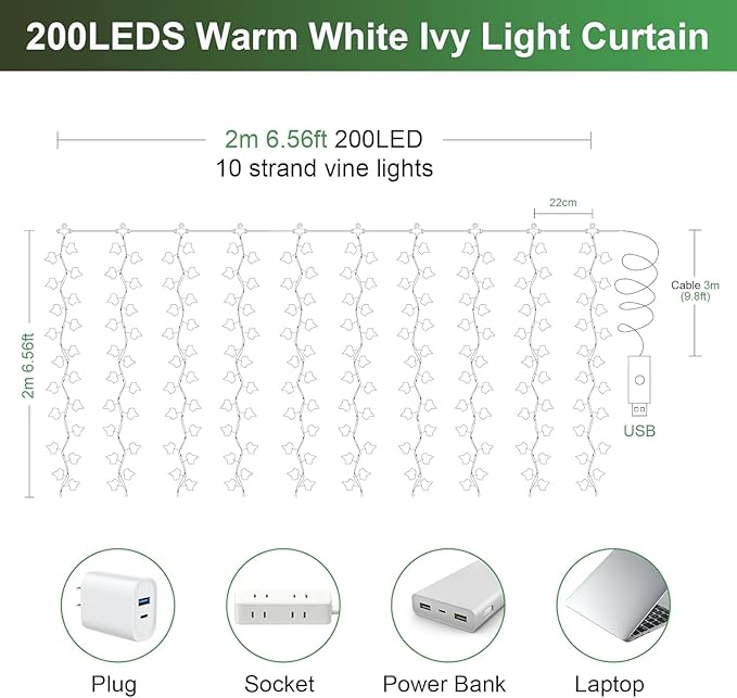 Vines Lights for Bedroom, 6.5ft x 6.5ft Ivy Garland with 200 LED Vine Artificial Fairy Lights Curtain 8 Modes, USB Hanging Vine Lights for Wedding Window Wall Party Christmas Decoration