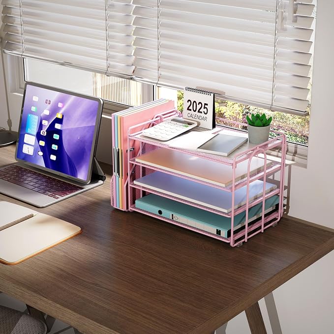 gianotter 4-Tier Paper Organizer With Magazine Holder | Desk Organizers and Accessories, File Organizer for Office Supplies Storag (Pink, 4-Tier)
