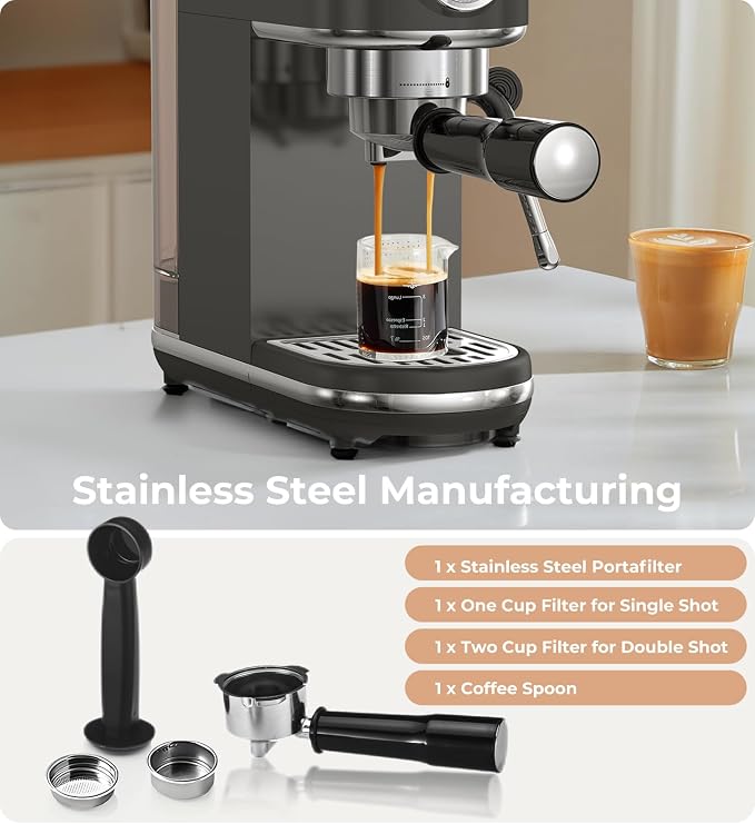 atatix 20 Bar Espresso Machine with Milk Frother, Compact Espresso Maker | Stainless Steel Coffee Machine with Precise Temp Control, 44oz Removable Water Tank for Latte, Cappuccino, Dark Grey