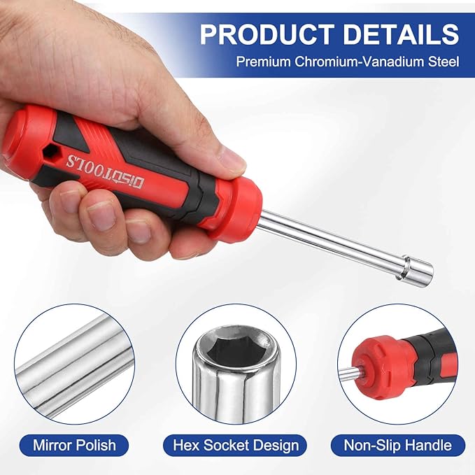HARFINGTON 2 Pcs SAE Nut Driver 11/32" CR-V Non-Magnetic Tip Hollow Shafts Hex Socket Screwdriver with Anti-Slip Handle for Automobile Repair Bit Driver