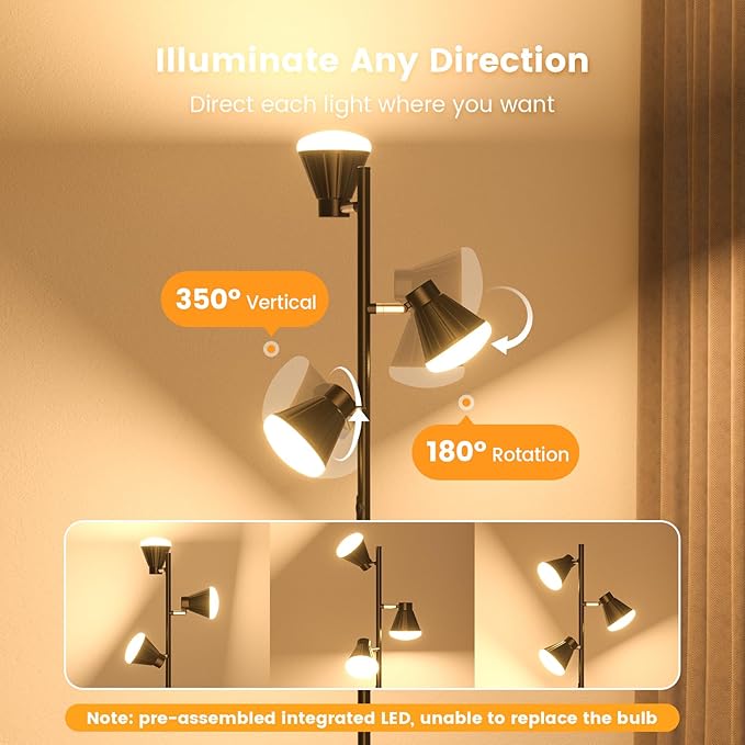 36W LED Tree Floor Lamp, Dimmable Tall Standing Lamp with Remote & Touch Control, 4 Color Temperatures Bright Floor Lamp, 3 Rotatable Light Modern Floor Lamps for Living Room Bedroom Office