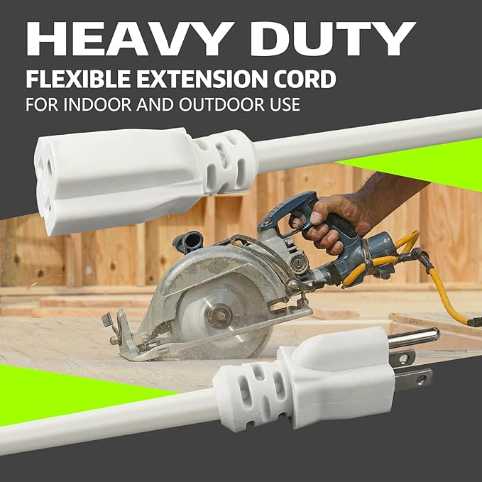 Indoor Outdoor Extension Cord, 12 Gauge 3 Prong Weatherproof Heavy Duty White Extension Cords, 12/3 SJTW 15A 8 FT Extension Cable for Garage, Garden and Home, UL Listed