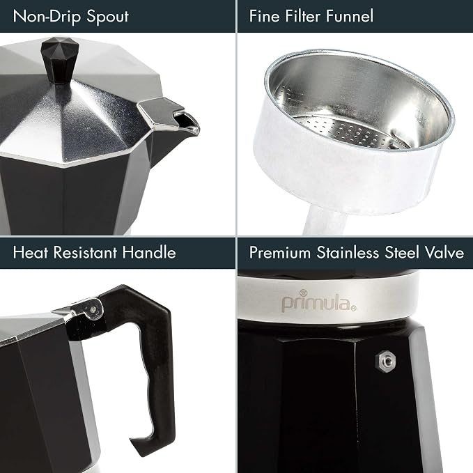 Primula Classic Moka Pot Stovetop Espresso and Coffee Maker, Italian and Cuban Cafetera for Rich Espresso Brewing, Durable Aluminum Greca Coffee Maker with Easy Grip Handle, 6-Cup, Black