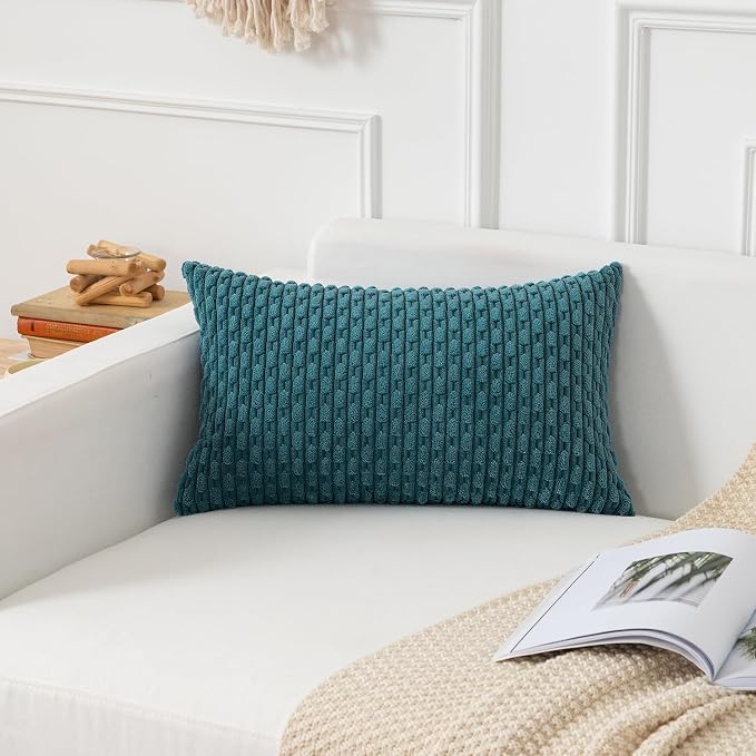 Kevin Textile Soft Corduroy 12"x24" Lumbar Pillow Cover 1 Pack, Teal Blue | Boho Stripe Plush Corduroy Decorative Oblong Cushion Cover Modern Farmhouse Home Decor for Sofa Couch Bed Chair