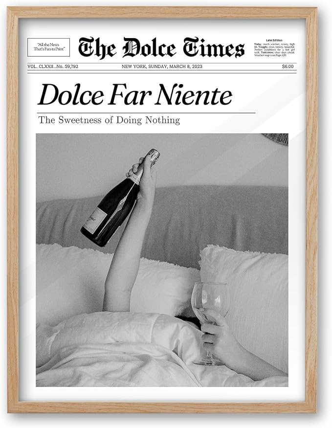 iHery Small 8x10in Dolce Far Niente Framed Newspaper Wall Art | Natural OAK Wood Frame with Canvas Print, The Sweetness of Doing Nothing Decor for Bedroom, Living Room and Dorm, 1Pack
