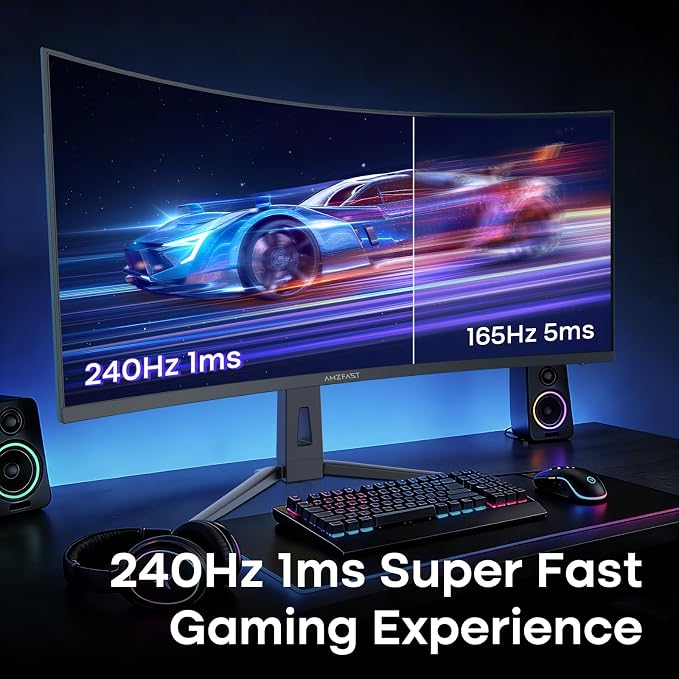 Amzfast 34 Inch Curved Monitor 240Hz UWQHD (3440x1440) Gaming Monitor, 1ms G-SYNC Compatible, 1500R, PIP/PBP, HDR400, 96% DCI-P3, Tilt/Swivel/Height Adjustable, TÜV Rheinland, HDMI 2.1, AMZG34C8 Pro