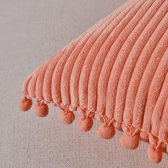 Fancy Homi Pack of 2 Coral Decorative Throw Pillow Covers 12x20 Inch with Pom-poms for Living Room Couch Bedroom, Soft Corduroy Peach Solid Lumbar Cushion Case 30x50 cm, Rustic Farmhouse Home Decor