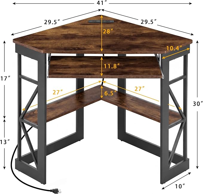 VECELO Corner Desk, Triangle Computer Desk for Small Space with Charging Station and Keyboard Tray, Corner Makeup Table with Storage Shelves for Home Office Bedroom, 41x30, Vintage Brown