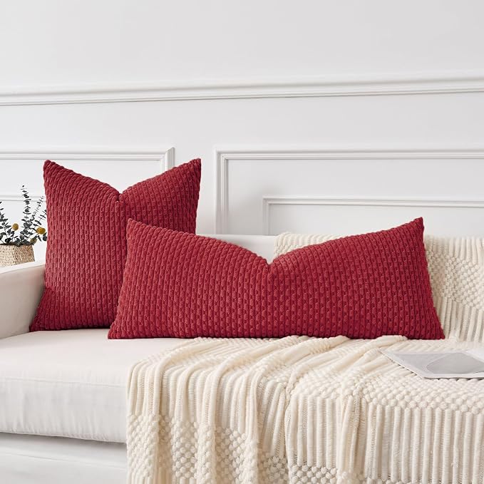 Kevin Textile Soft Corduroy 20"x54" Body Pillow Cover 1 Pack, Burgundy | Boho Stripe Plush Corduroy Decorative Oblong Cushion Cover Modern Farmhouse Home Decor for Sofa Couch Bed Chair