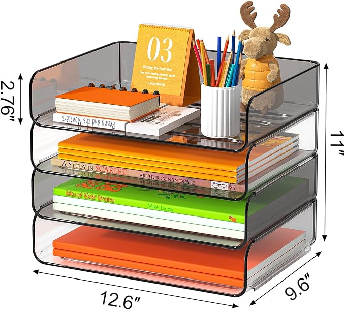 FANXIYQ 4-Tier Acrylic Paper Tray Organizer, Clear & Brown Paper Organizer | Stackable, Tool-Free Design with 2-4 Tiers for A4 Paper, Files, Books and Mail; Ideal for School, Home Office and Study Room