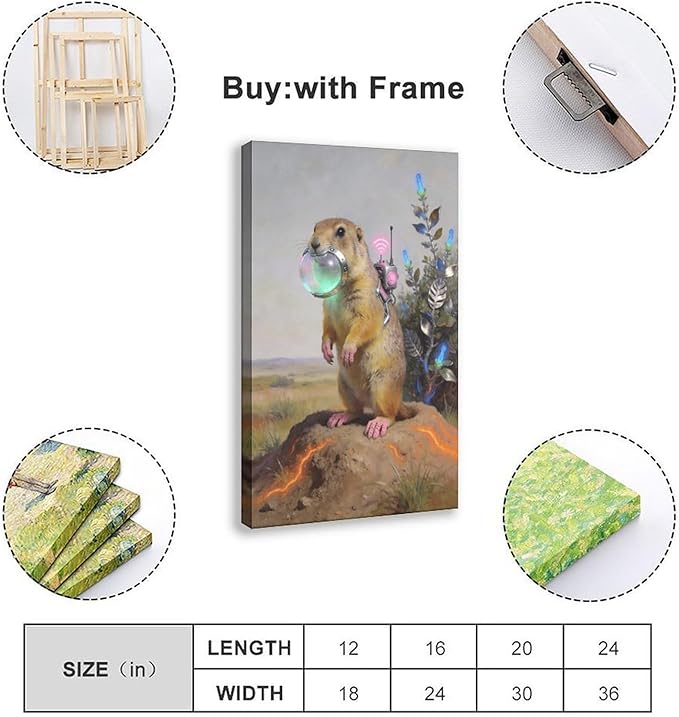 Framed Steampunk Mechanical Prairie Dog Wall Art - Retro-Futuristic Wilderness Poster for Living Room Game Room Decor 08x12inch(20x30cm)