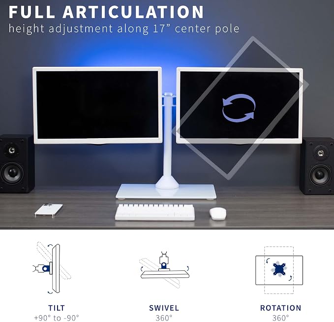 VIVO Dual Monitor Desk Stand for 13 to 32 inch Screens, STAND-V002FGW | Articulating, Freestanding Adjustable Monitor Arm, White with Glass Base, Computer Stand for 2 Monitors, Holds 22 lbs Each