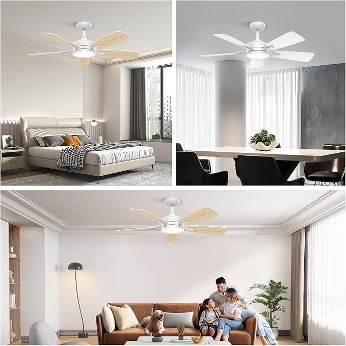 Roomratv Ceiling Fans with Lights,46 Inch,Remote Control,Night Light,Dimmable,Reversible,Noiseless,6 Speeds,Timer,White Modern Ceiling Fan for Living Room,Bedroom,Kitchens,Kis room,Outdoor Patio