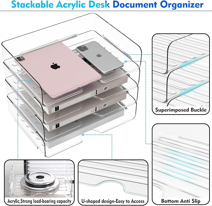 Vivihomety Paper Organizer Letter Tray, 4-Pack Acrylic File Organizer, Clear