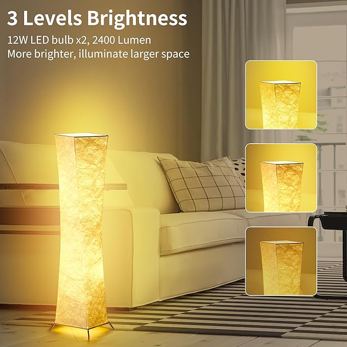 chiphy Floor Lamp, Dimmable 39" (XS) Tall Standing Lamp, 3 Levels Adjustable Brightness 12Wx2 LED Bulbs, Column Floor Light w/White Fabric Shade, Home Decor for Living Room, Bedroom, Kids Room