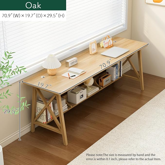 NELYE Extra Long Writing Desk with Bookshelf, 71" Wx20 Dx30 H, Oak | Wooden Home Office Work Study Table, Computer Gaming Workstation with Storage Shelf, Sturdy MDF Resists Wobble