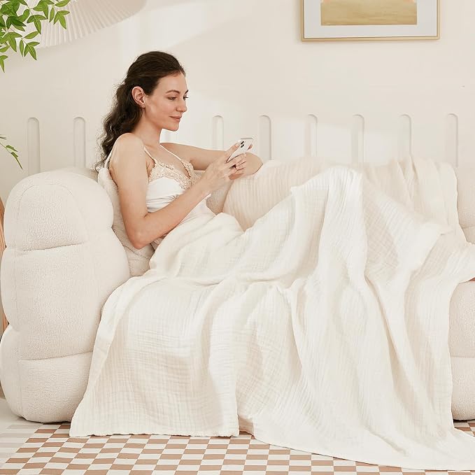 EMME Cotton Muslin Queen Blanket Bed Layering Bedspread Coverlet Breathable Gauze Soft Lightweight Adults (White,90"x90") | Summer Throw Blankets for Bed Breathable Gauze Blanket All Year Round Soft & Lightweight Pre-Washed Cotton Blanket Duvet