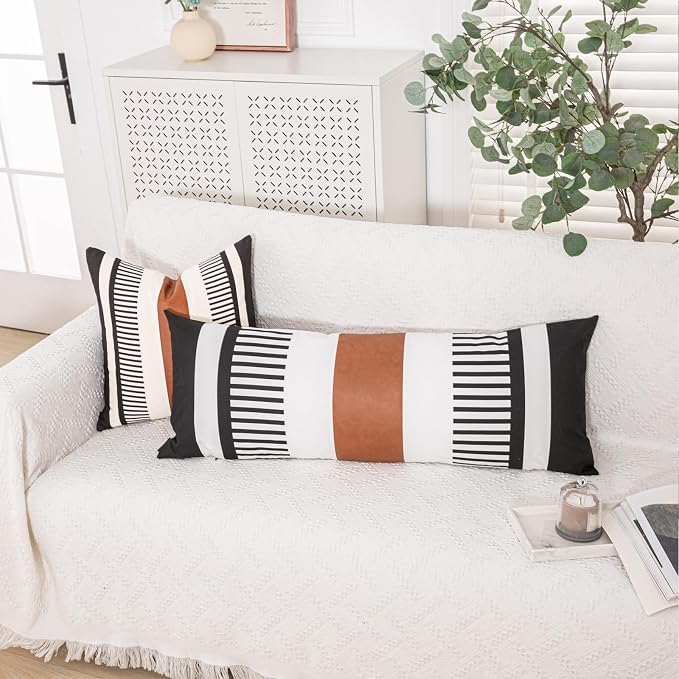 Long Body Lumbar Decorative Pillow Cover 14x36 Rectangle Boho Accent Cushion Case for Bed Couch Bench Faux Leather Pillowcase, Black (Cover ONLY, Pack of 1)