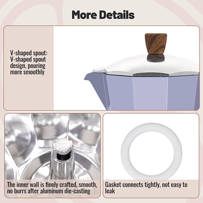 9 Cup Aluminum Moka Pot Classic Stovetop Espresso Coffee Maker 450ml 15oz Coffeemaker Percolator Mocha Pot Greca Coffee Maker Cafe Makers for Italian and Cuban Café Brewing Purple