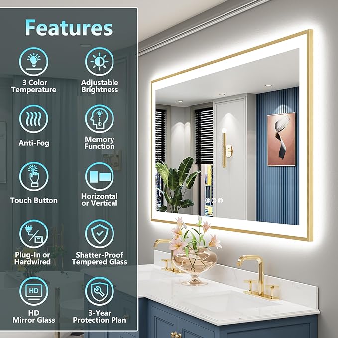 66x40 Gold LED Bathroom Mirror with Lights, Brushed Gold Framed Backlit and Front Lit Anti-Fog Lighted Vanity Mirrors for Bathroom Wall, Dimmable, 3 Colors, Memory, HD Tempered Glass, CRI＞90