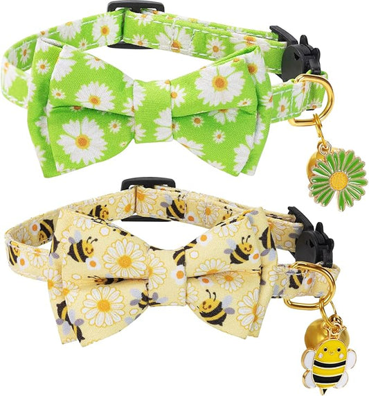 Breakaway Cat Collar with Cute Bow Tie Bell 2Pack Daisy Bee Pattern for Male Female Soft Cotton Kitty Kitten Cute Summer Spring Collar Ideal for Girl Boy Male Cats