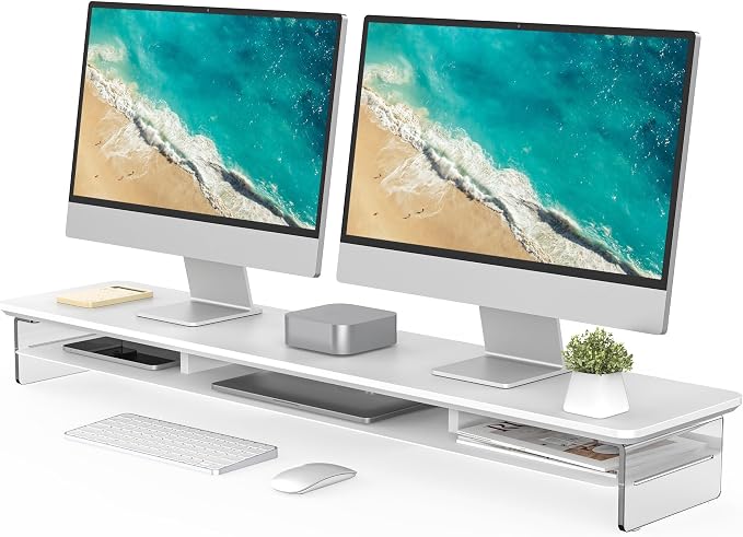 Fenge 42.5" Dual Monitor Stand with Clear Acrylic Legs, White | Clear acrylic, storage compartment, 2-tier home office monitor riser, wide large desktop shelf fit monitor/laptop/printer