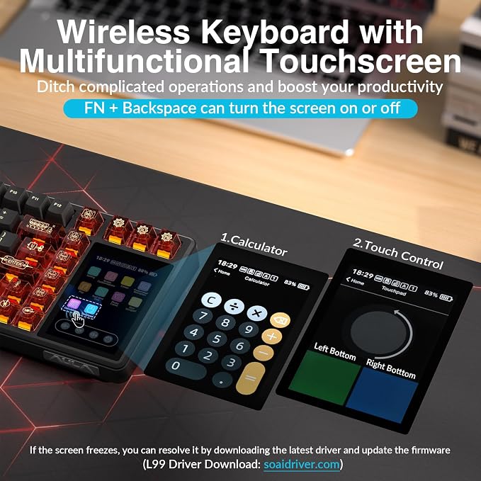 Aula L99 Wireless Mechanical Gaming Creamy Keyboard with Smart Touch Screen | Tri-Mode Hot Swappable Custom Keyboard,RGB Backlit,PBT Keycap,Gasket Mount Creamy Sounding Keyboards for Office PC,84 Keys