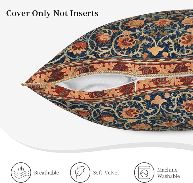 Floral Vintage Velvet Pillow Covers 16x16 In Orange Bohemian Tapestry Art Deco Throw Pillows for Couch Soft Durable Cushion Covers Pillowcase Antique Boho Flower Pillow Cases for Sofa Bed Living Room