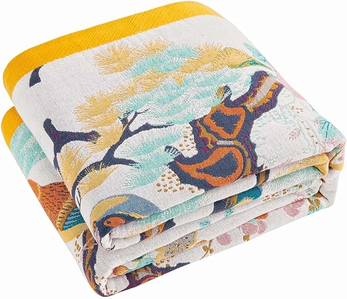 XIBLC Fall Throw Blanket for Couch, Yellow Boho Decorative Throw Blanket, 100% Cotton Muslin Breathable Woven Farmhouse Blankets Quilt, 60"x80" Reversible Lightweight Blankets Bohemian Throw Quilt