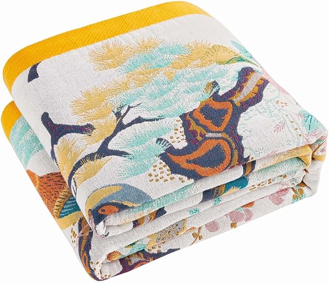 XIBLC Fall Throw Blanket for Couch, Yellow Boho Decorative Throw Blanket, 100% Cotton Muslin Breathable Woven Farmhouse Blankets Quilt, 90"x98" Reversible Lightweight Blankets Bohemian Throw Quilt