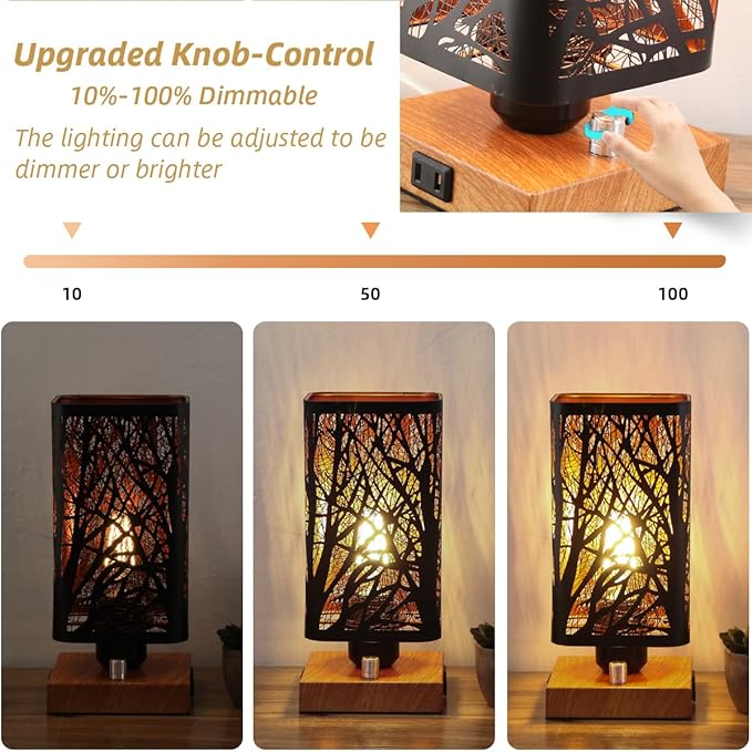 Industrial Table Lamp Sets of 2 with USB Ports and Outlet, Rustic Dimmable Bedside lamp with Charging Station, Metal Square Shadow Nightstand Lamp for Bedroom Living Room End Tables
