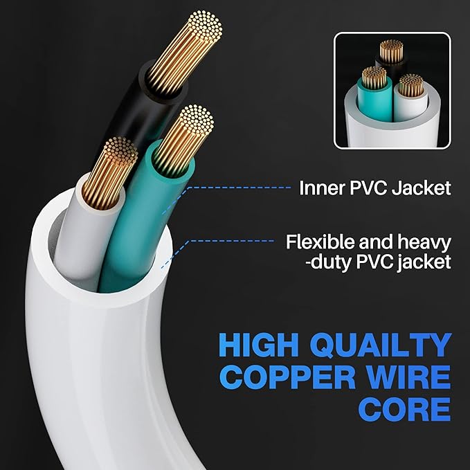 Extension Cord 10 FT, 3 Prong Extension Power Cord, 90 Degree Right Angle Plug Design, 16/3 Gauge Flexible Cold, 13A 1625W 16AWG, Save Space 3 Prong Electric Cord, ETL, White Cable with 25 Cable Ties