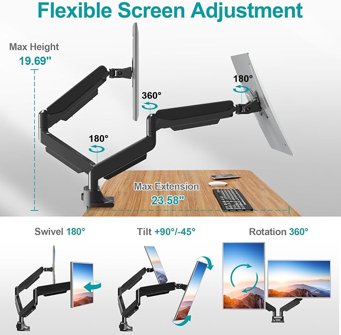 MOUNT PRO Dual Monitor Stand for Max 43 Inch Ultrawide Computer Screen, Premium Aluminum Heavy Duty Monitor Arm Holds 6.6lbs to 33lbs, Gas Spring Full Motion Display Desk Stand, VESA Mount