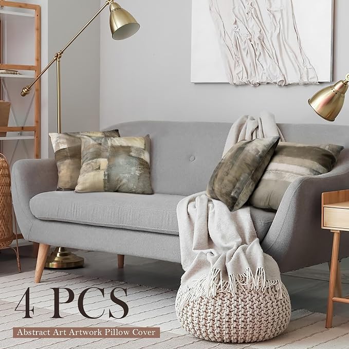 Set of 4 Abstract Throw Pillow Covers 16x16 Brown Tan Gray | Taupe Modern Abstract Art Decorative Cushion Covers, Neutral Pillow Cases for Sofa Couch Bedroom Living Room