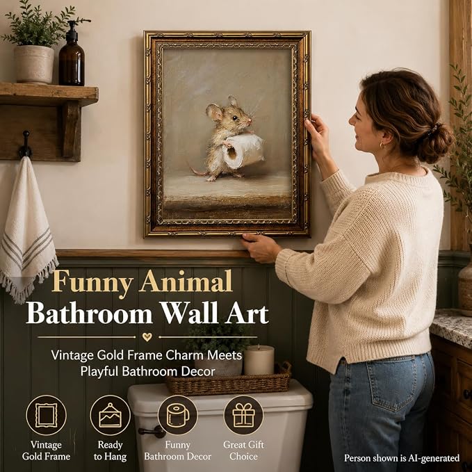 Funny Bathroom Wall Art, Vintage Gold Framed Mouse With Toilet Paper, 12x16 | Funny mouse canvas print, cute animal bathroom decor, rustic farmhouse style, wall art for restroom, washroom, or powder room