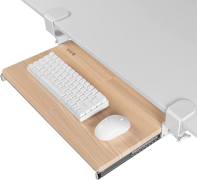 VIVO Small Clamp-on Computer Keyboard and Mouse Under Desk Slider Tray, 20 x 11 inch Pull Out Platform Drawer, Light Wood, MOUNT-KB05ES-A | Keyboard Tray for Typing, Slide Out Platform, Extra Sturdy C-Clamp Mount System, Computer Drawer, White Frame