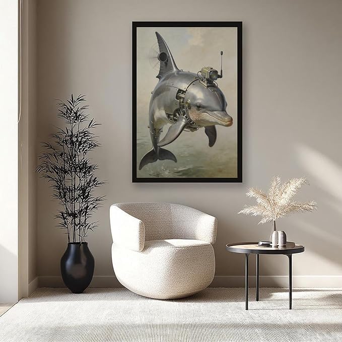 Framed Steampunk Mechanical Dolphin Wall Art - Marine Retro-Futuristic Poster for Beach House Living Room Decor 08x12in