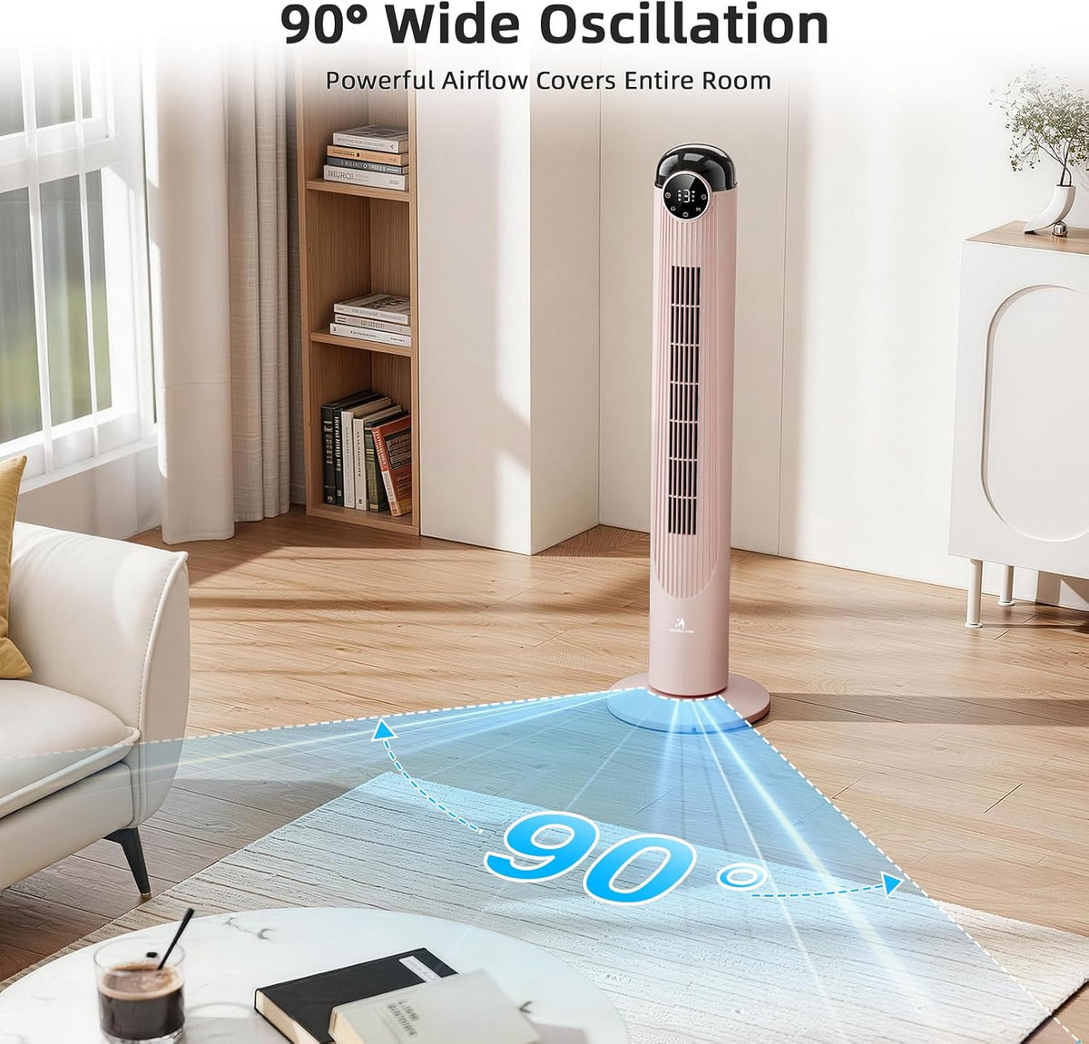 Antarctic Star T42 Tower Fan, 42 Inch Bladeless Oscillating Fan with Remote, 6 Speeds & 4 Modes, LED Display, 9H Timer, Quiet Floor Standing Fan for Bedroom Living Room Office, Pink