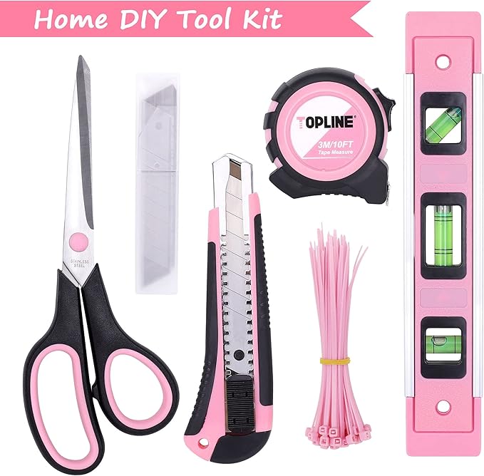 TOPLINE 208-Piece Pink Tool Kits for Women with Round Pouch, Small Tools Kit for Apartment, Home, Household Ladies Pink Tool Set for Best Gifts and Home Maintenance