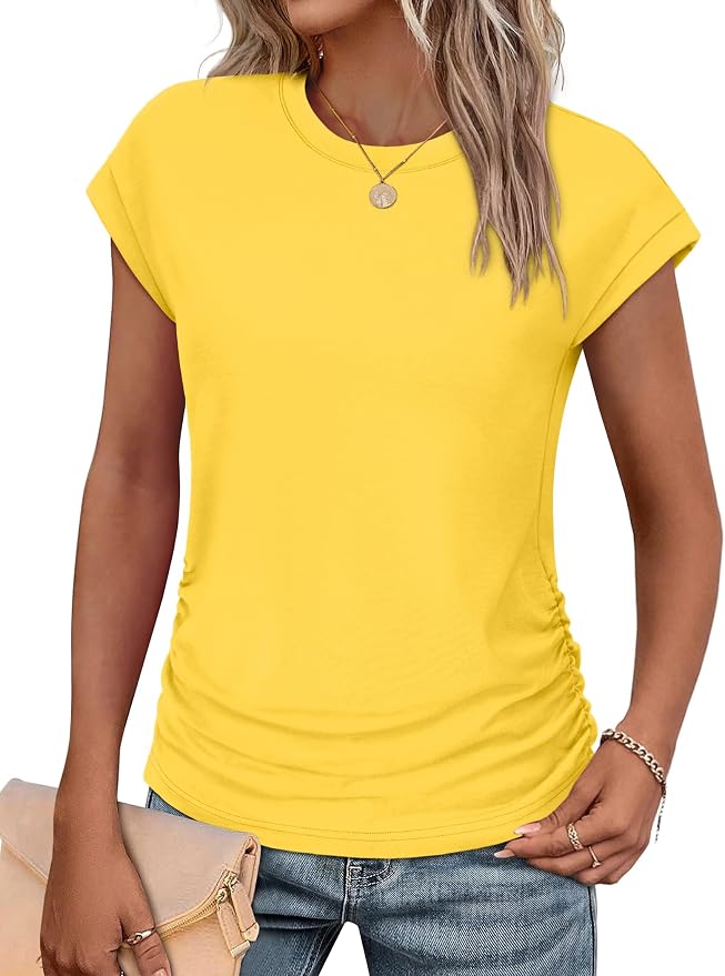 Sampeel Womens Summer Tops Trendy 2026 Ruched Cap Short Sleeve Tshirts Shirts Crew Neck T Shirts Fashion