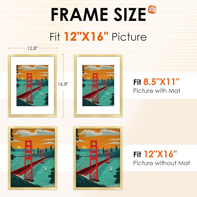 12x16 Picture Frame Gold Set of 2, Photo Frame with HD Plexiglass, Display Pictures 8.5x11 with Mat or 11x17 Without Mat, Gold Picture Frames Collage Wall Decor, Gallary Wall Frame
