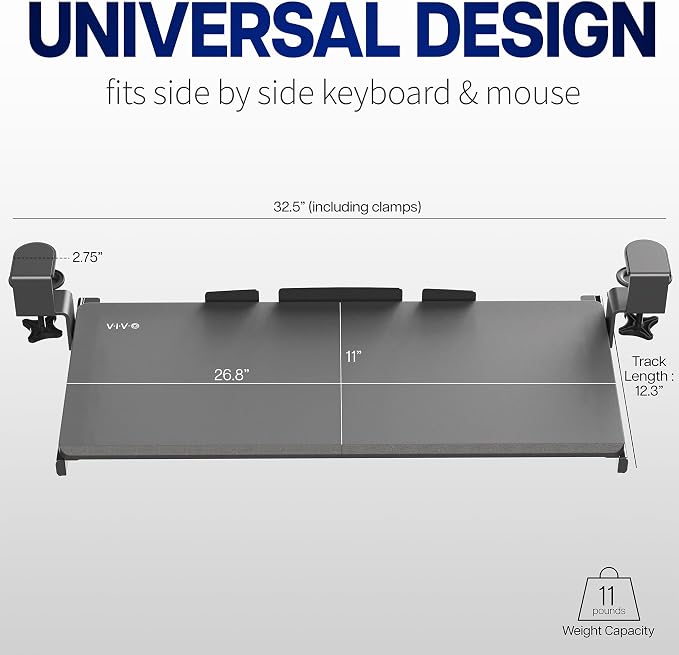 VIVO Real Bamboo Large 27 x 11 in Under Desk Keyboard Tray, MOUNT-KB05O | Keyboard Tray for Typing, Slide Out Platform, Extra Sturdy C-Clamp Mount System, Computer Drawer, Black Frame