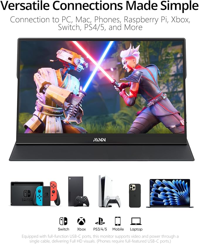 MNN 15.6" FHD 60Hz Portable Monitor USB-C HDMI IPS HDR Gaming Laptop | 15.6" FHD IPS HDR, 0.76cm/694g, USB-C one-cable, PC/Mac/Phone/Switch, speakers+stand, L/P, low blue, work&game