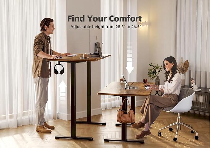 YDN 48 x 24 Inch Rustic Brown Electric Standing Desk | Adjustable Height, Sit Stand, Cable Management, Ergonomic, Home Office