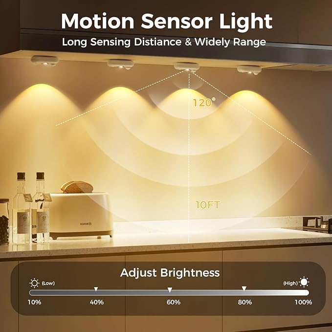LED Motion Sensor Puck Lights, Small Rechargeable Under Cabinet Light, Dimmable Warm White Closet Lights, Lithium-ion Battery Wireless Under Cabinet Lighting for Drawer, Kitchen(6 Pack, White)